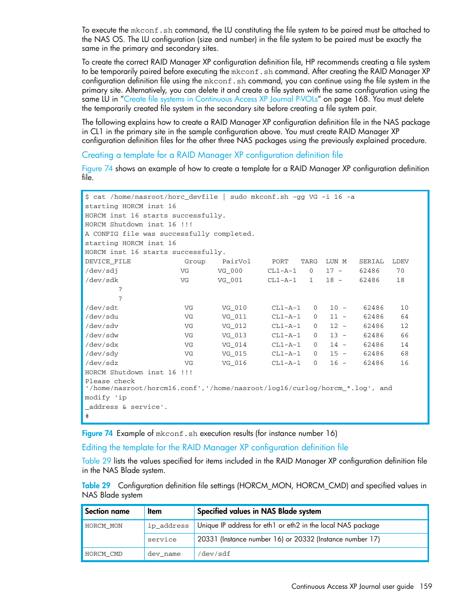 74 example of, Mkconf.sh, Nas blade system | HP StorageWorks XP Remote Web Console Software User Manual | Page 159 / 200