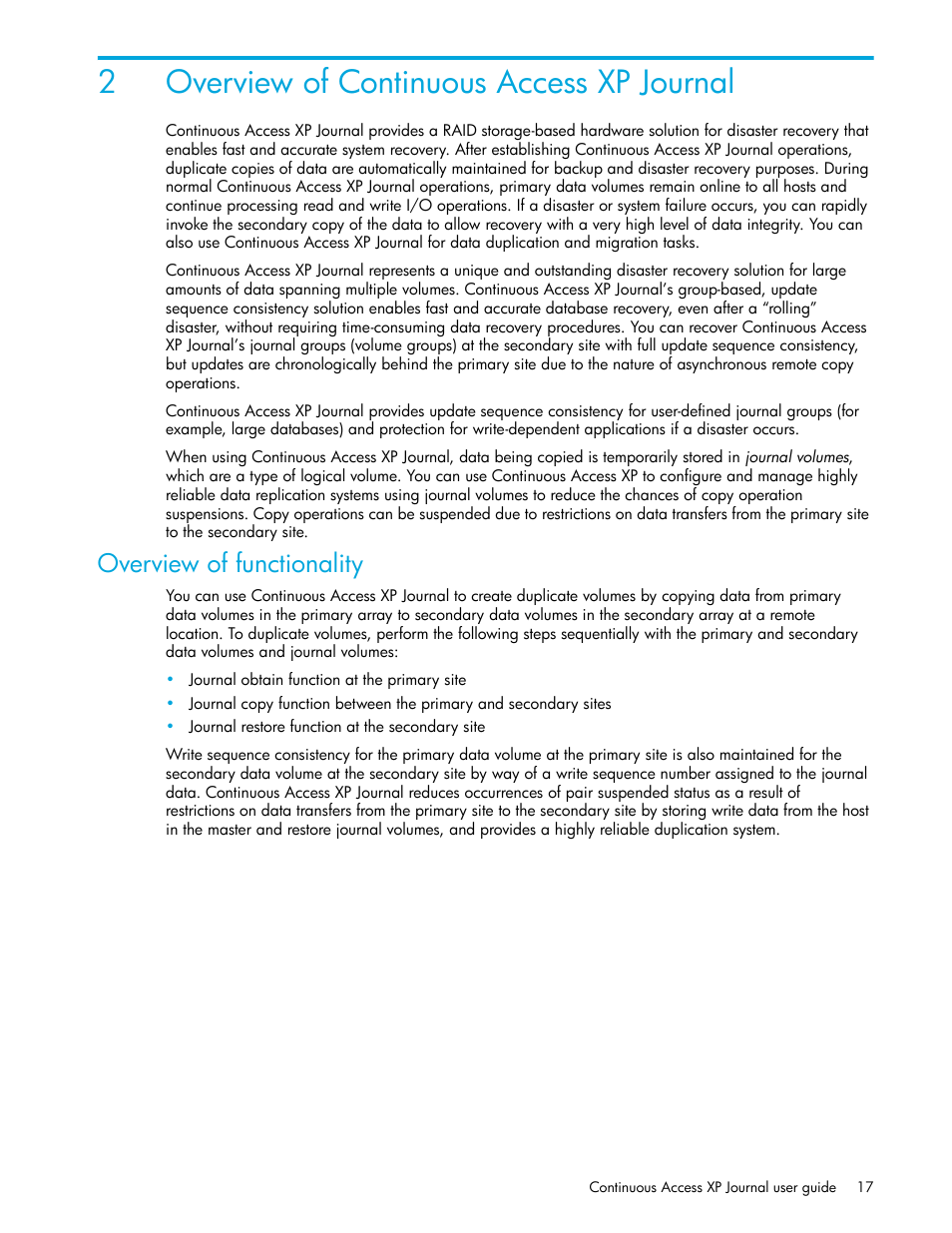 2 overview of continuous access xp journal, Overview of functionality, 2overview of continuous access xp journal | HP StorageWorks XP Remote Web Console Software User Manual | Page 17 / 200