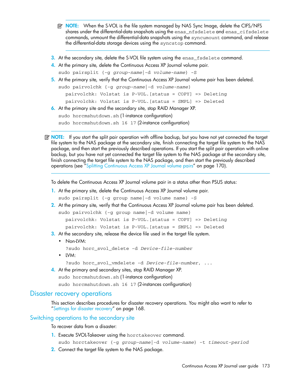 Disaster recovery operations, Switching operations to the secondary site | HP StorageWorks XP Remote Web Console Software User Manual | Page 173 / 200