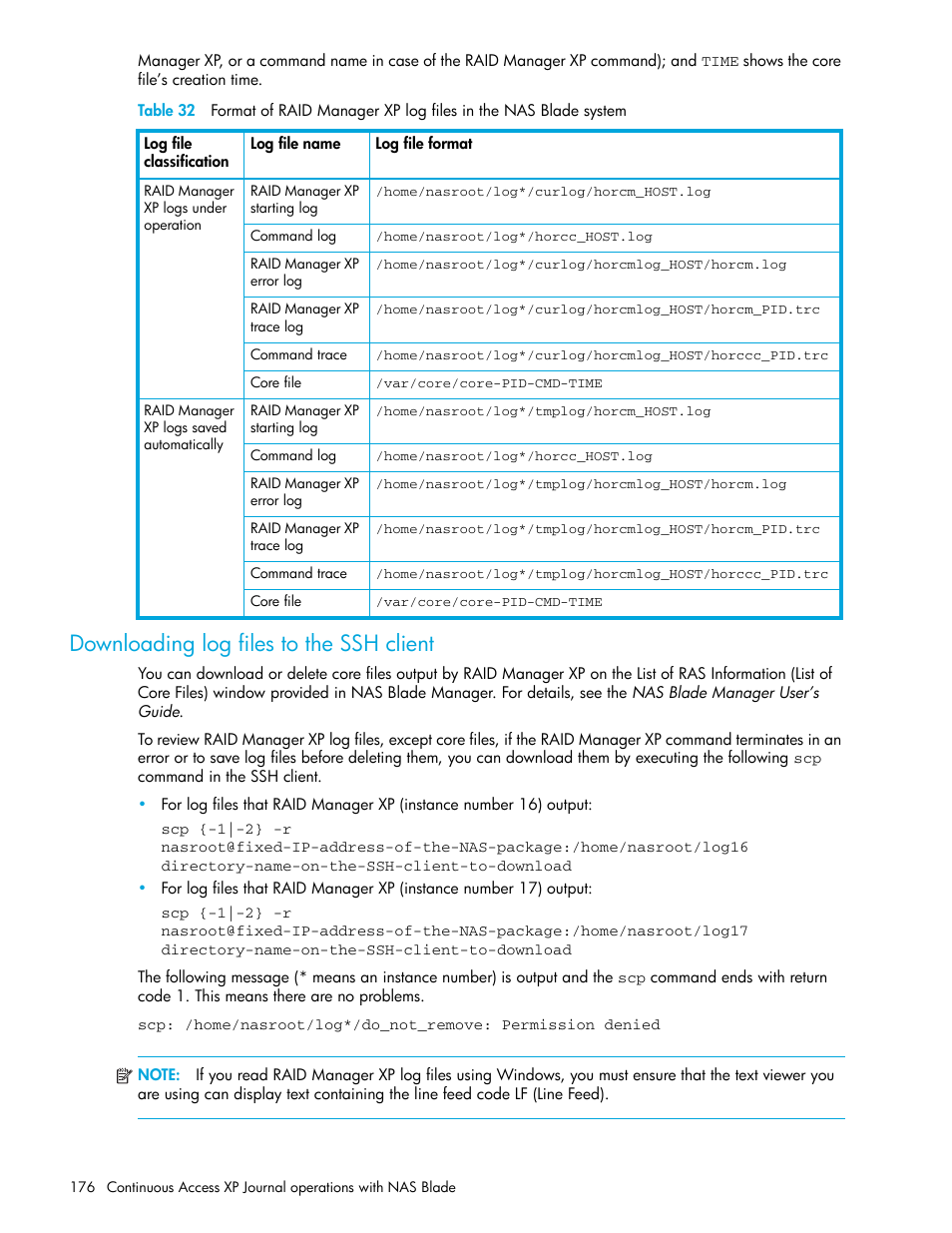 Downloading log files to the ssh client, Table 32 | HP StorageWorks XP Remote Web Console Software User Manual | Page 176 / 200