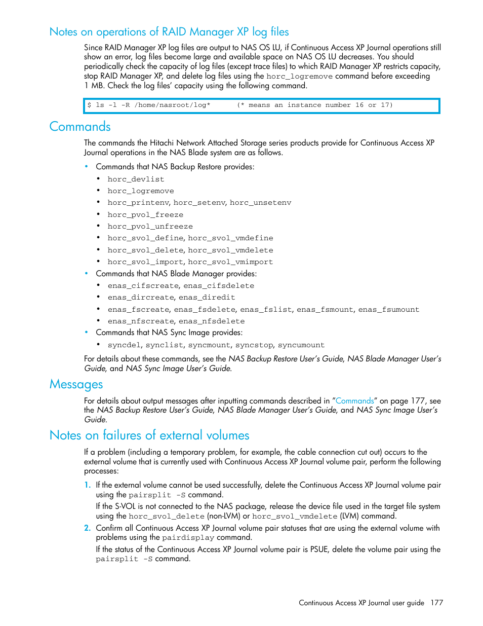 Notes on operations of raid manager xp log files, Commands, Messages | Notes on failures of external volumes | HP StorageWorks XP Remote Web Console Software User Manual | Page 177 / 200