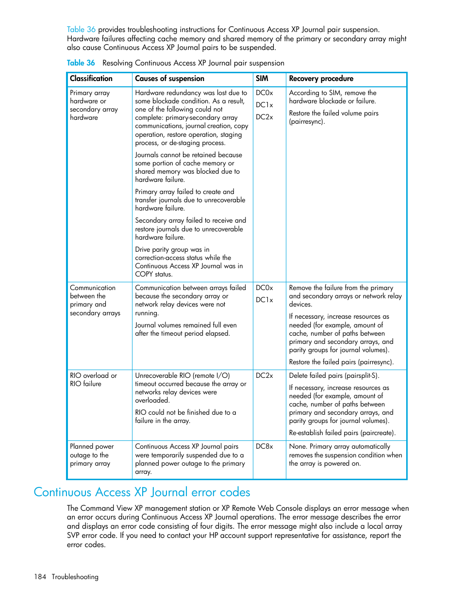 Continuous access xp journal error codes, Table 36 | HP StorageWorks XP Remote Web Console Software User Manual | Page 184 / 200