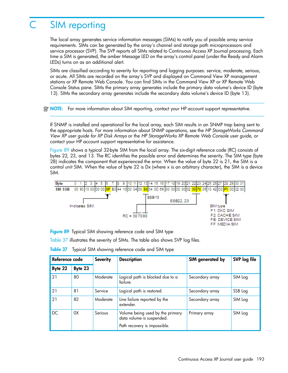 C sim reporting, 89 typical sim showing reference code and sim type, 37 typical sim showing reference code and sim type | Sim reporting, Csim reporting | HP StorageWorks XP Remote Web Console Software User Manual | Page 193 / 200