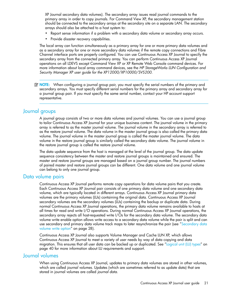 Journal groups, Data volume pairs, Journal volumes | HP StorageWorks XP Remote Web Console Software User Manual | Page 21 / 200