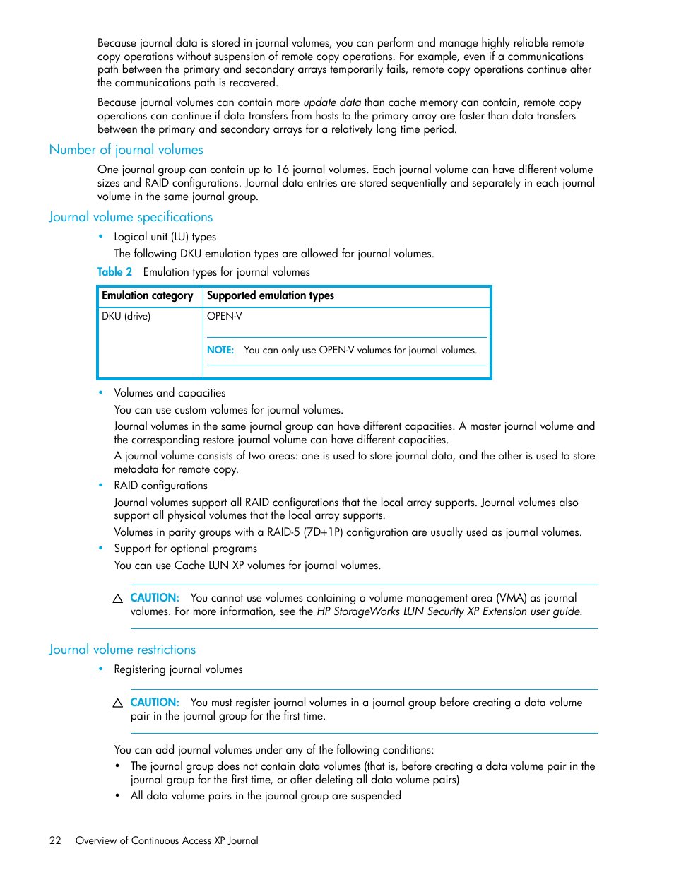 Number of journal volumes, Journal volume specifications, Table 2 emulation types for journal volumes | Journal volume restrictions, 2 emulation types for journal volumes | HP StorageWorks XP Remote Web Console Software User Manual | Page 22 / 200