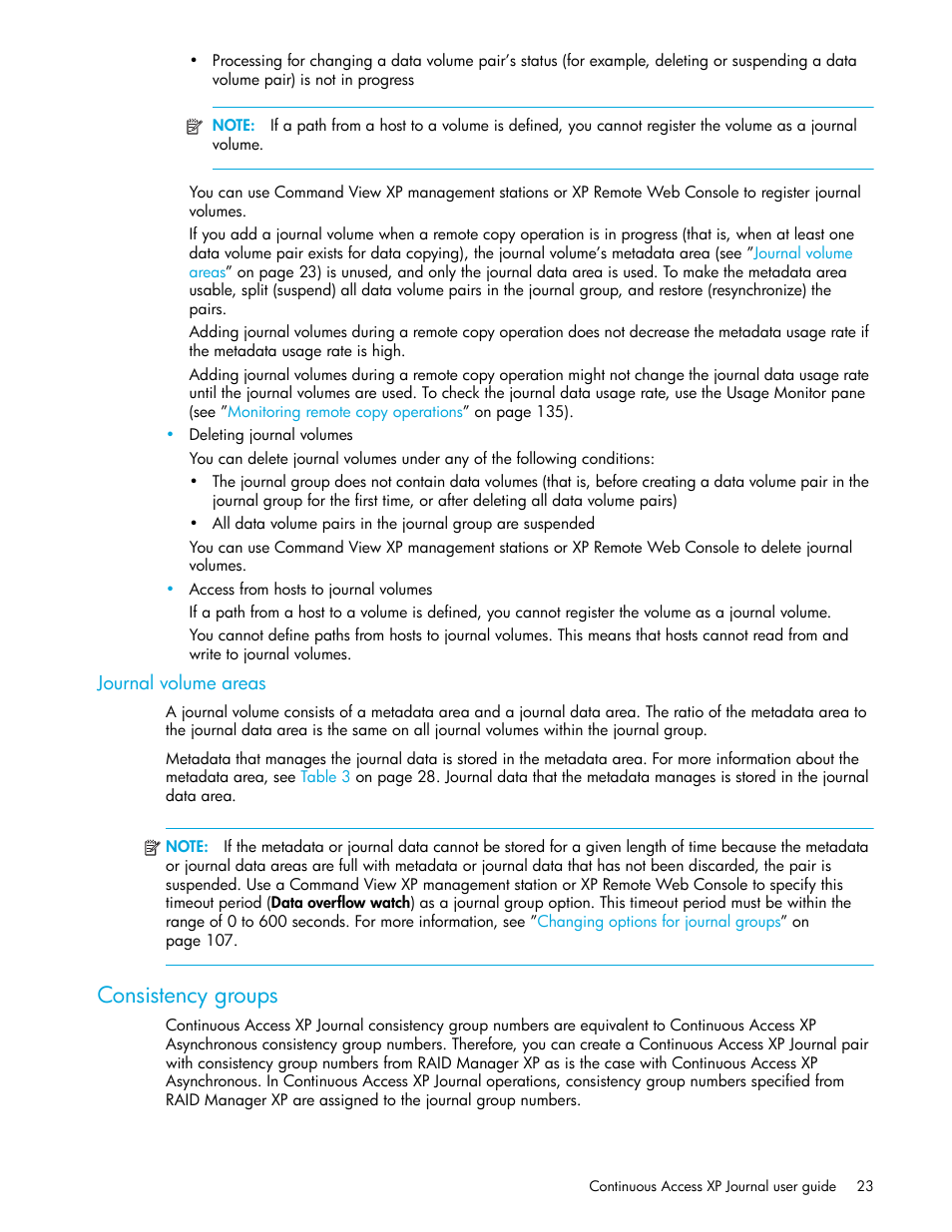 Journal volume areas, Consistency groups | HP StorageWorks XP Remote Web Console Software User Manual | Page 23 / 200