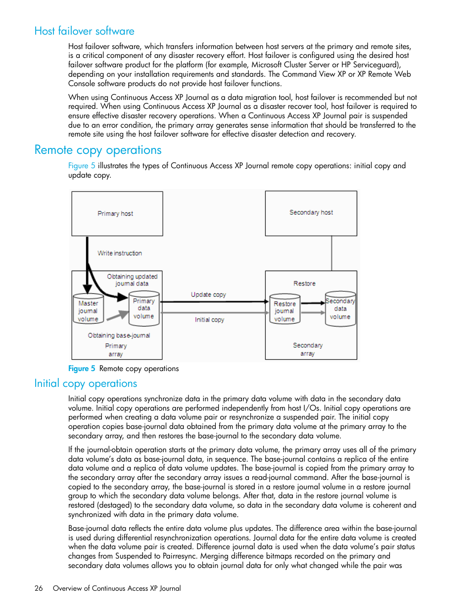 Host failover software, Remote copy operations, Figure 5 remote copy operations | Initial copy operations, 5 remote copy operations | HP StorageWorks XP Remote Web Console Software User Manual | Page 26 / 200