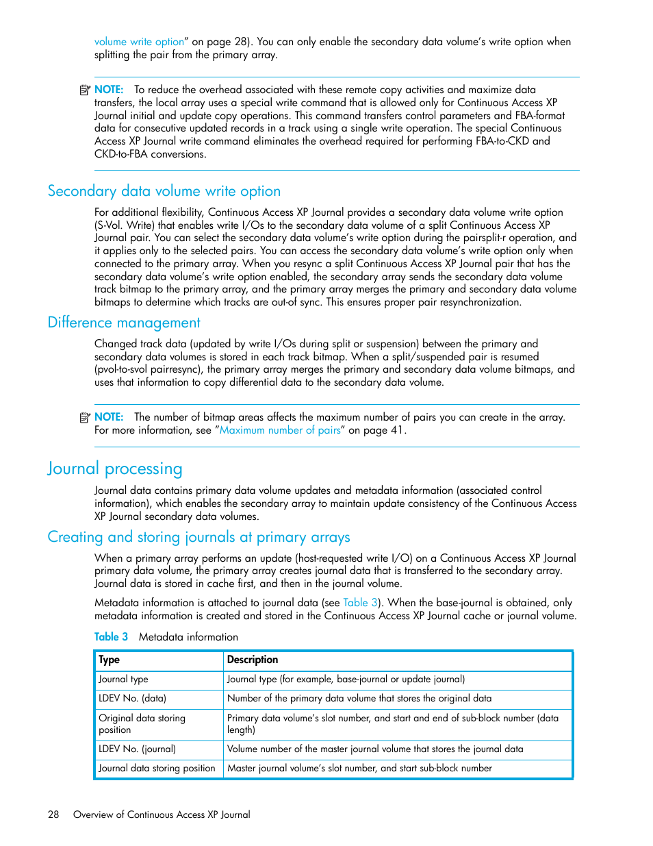 Secondary data volume write option, Difference management, Journal processing | Creating and storing journals at primary arrays, Table 3 metadata information, 3 metadata information, Secondary data, Volume write option, Table 3 | HP StorageWorks XP Remote Web Console Software User Manual | Page 28 / 200