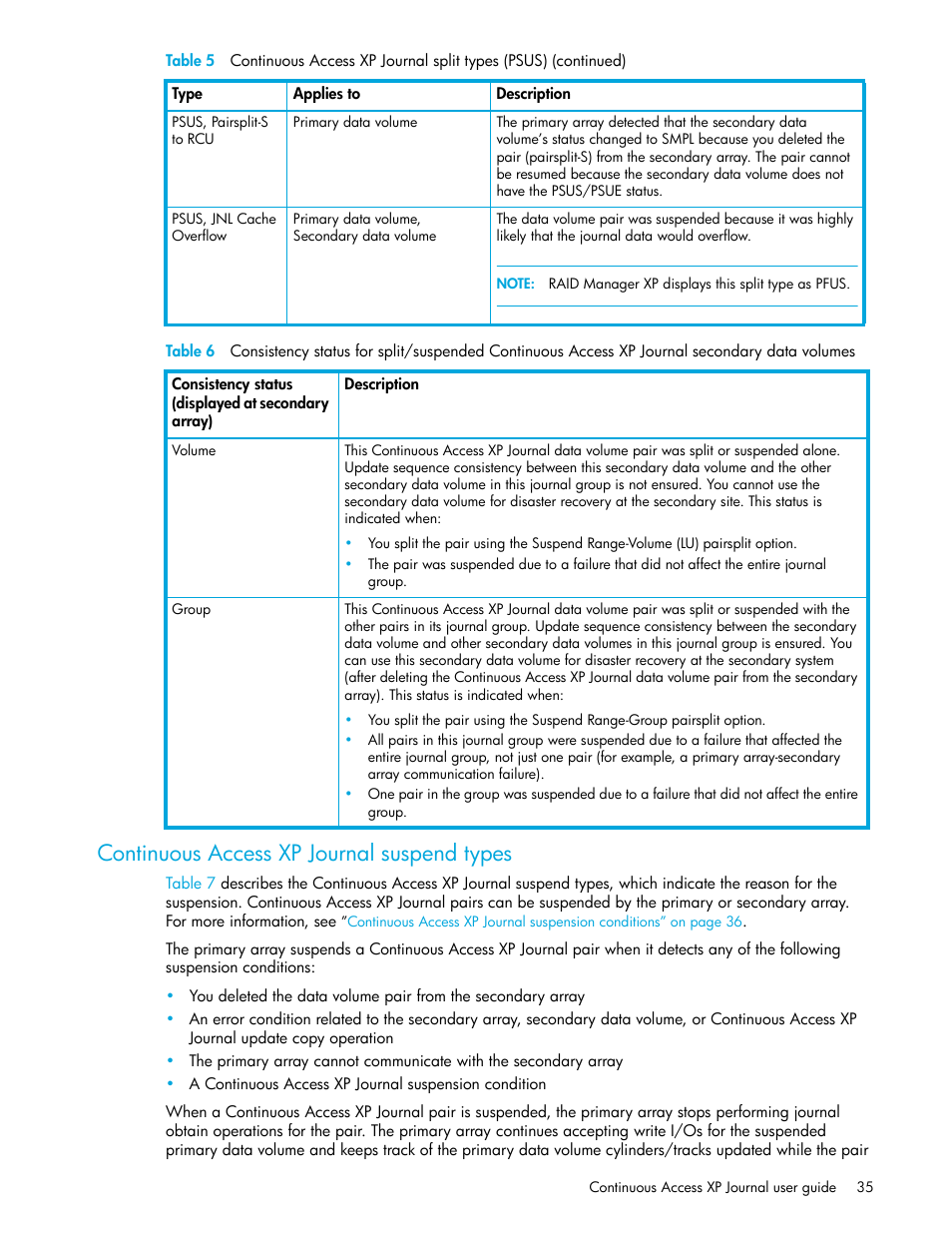 Continuous access xp journal suspend types, Table 6 | HP StorageWorks XP Remote Web Console Software User Manual | Page 35 / 200