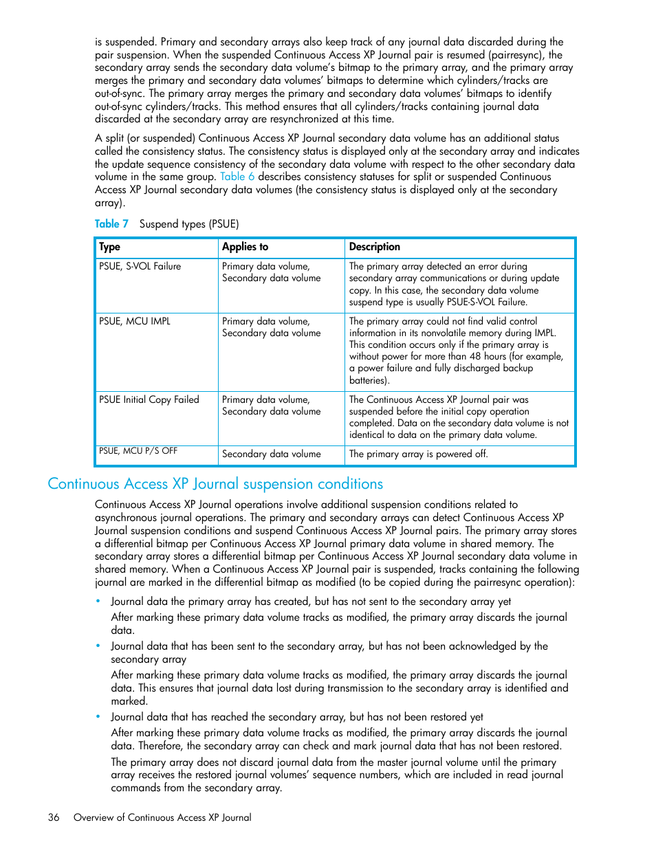 Table 7 suspend types (psue), Continuous access xp journal suspension conditions, 7 suspend types (psue) | Table 7 on, N (see, Continuous, Access xp journal suspension conditions” on, Table 7 | HP StorageWorks XP Remote Web Console Software User Manual | Page 36 / 200