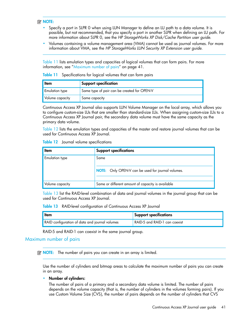 Table 12 journal volume specifications, Maximum number of pairs, 12 journal volume specifications | HP StorageWorks XP Remote Web Console Software User Manual | Page 41 / 200