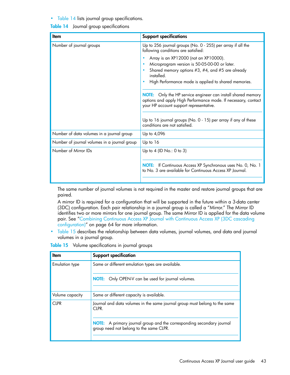 Table 14 journal group specifications, Table 15 volume specifications in journal groups, 14 journal group specifications | 15 volume specifications in journal groups | HP StorageWorks XP Remote Web Console Software User Manual | Page 43 / 200