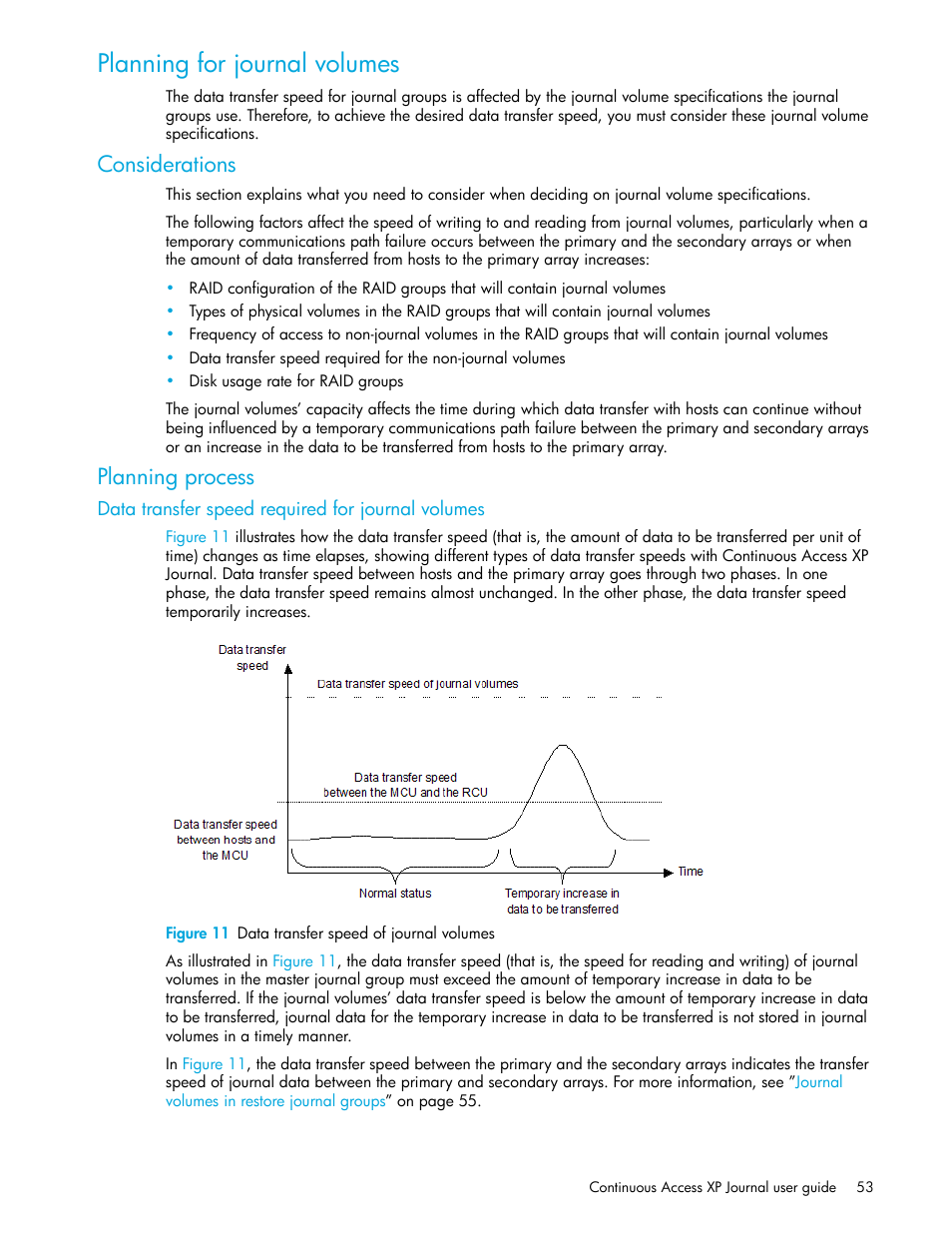 Planning for journal volumes, Considerations, Planning process | Data transfer speed required for journal volumes, Figure 11 data transfer speed of journal volumes, 11 data transfer speed of journal volumes | HP StorageWorks XP Remote Web Console Software User Manual | Page 53 / 200