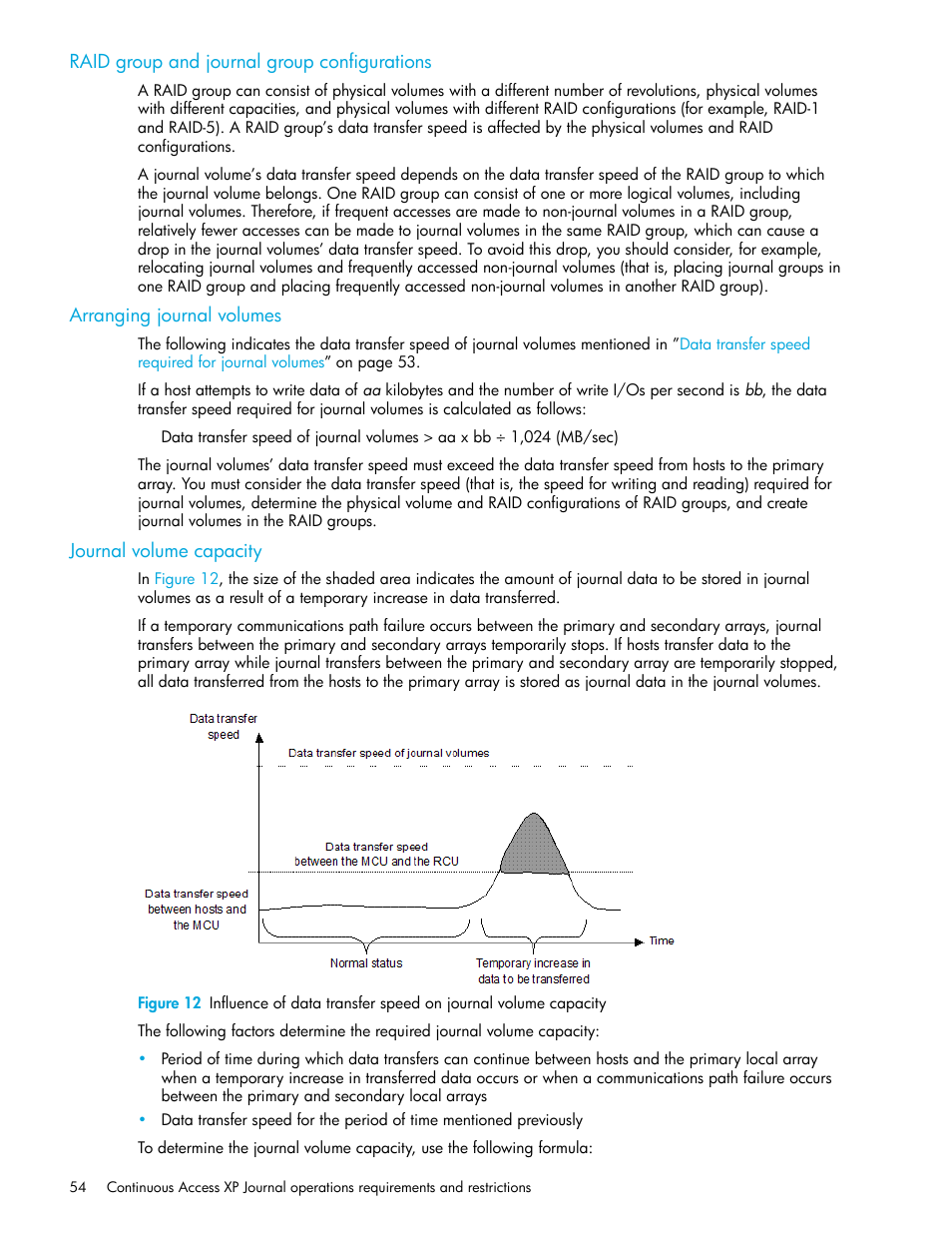 Raid group and journal group configurations, Arranging journal volumes, Journal volume capacity | HP StorageWorks XP Remote Web Console Software User Manual | Page 54 / 200