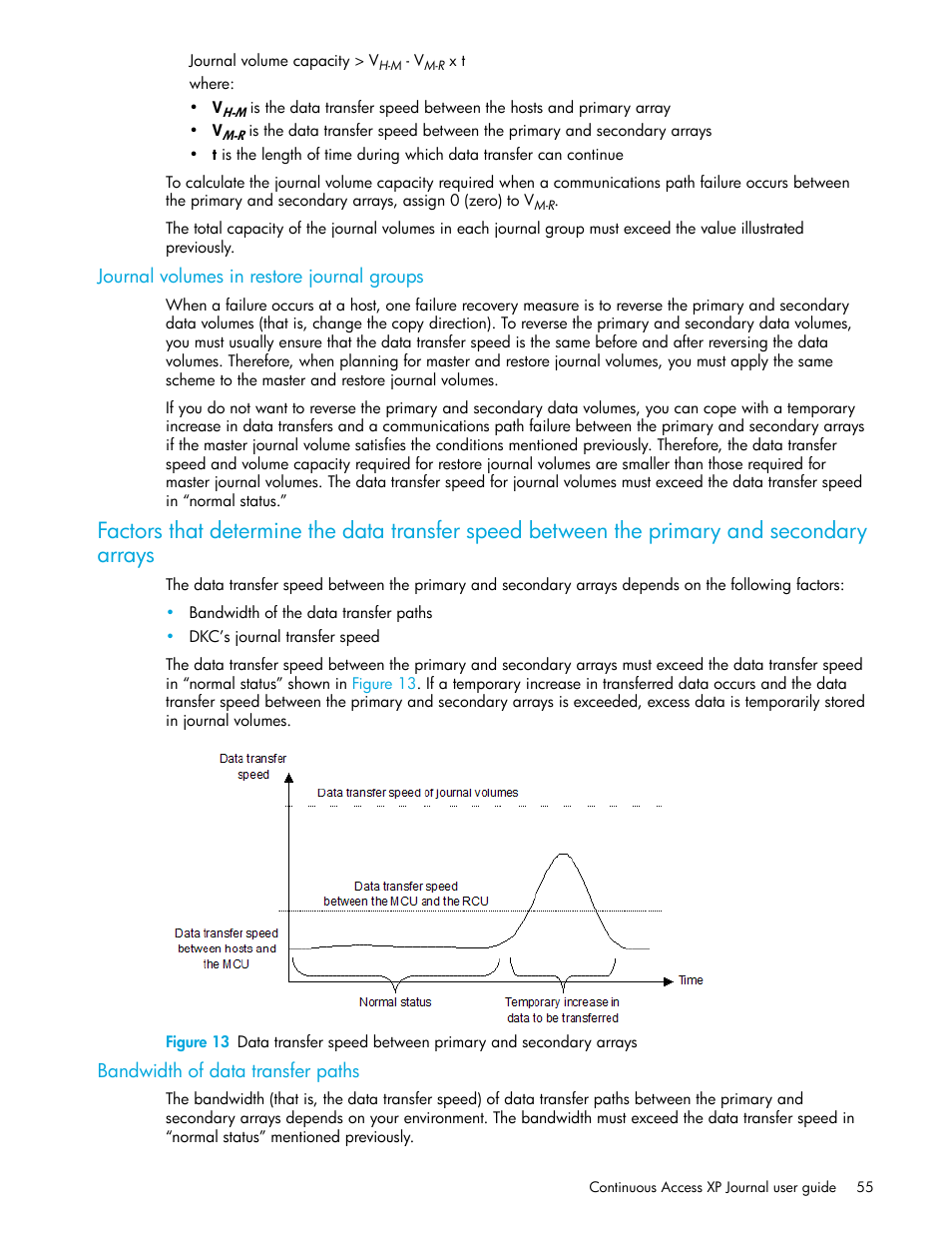 Journal volumes in restore journal groups, Bandwidth of data transfer paths, Journal | Volumes in restore journal groups | HP StorageWorks XP Remote Web Console Software User Manual | Page 55 / 200