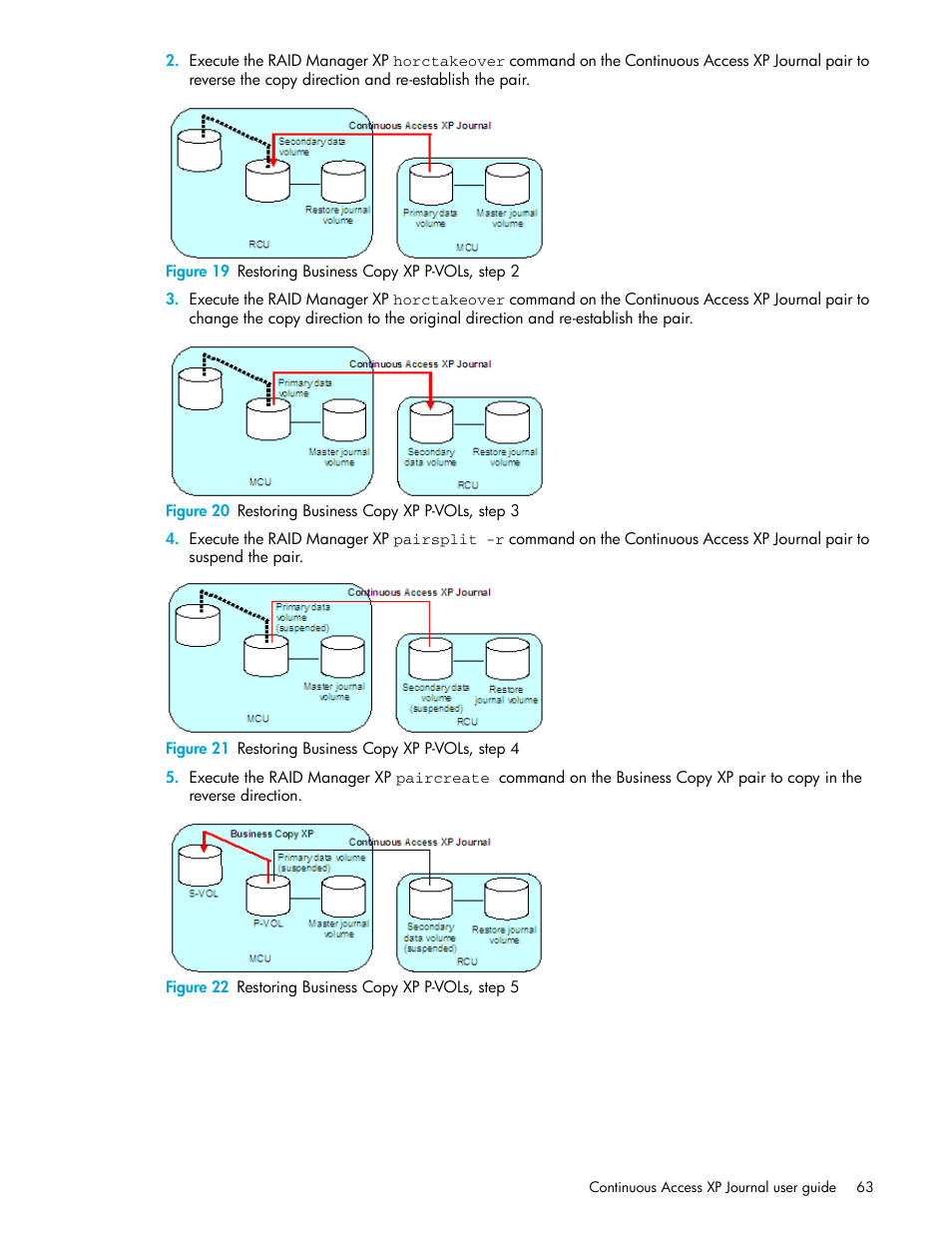 19 restoring business copy xp p-vols, step 2, 20 restoring business copy xp p-vols, step 3, 21 restoring business copy xp p-vols, step 4 | 22 restoring business copy xp p-vols, step 5 | HP StorageWorks XP Remote Web Console Software User Manual | Page 63 / 200