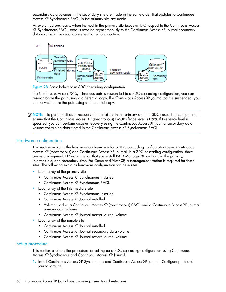 Hardware configuration, Setup procedure, 28 basic behavior in 3dc cascading configuration | D in, Figure 28 | HP StorageWorks XP Remote Web Console Software User Manual | Page 66 / 200