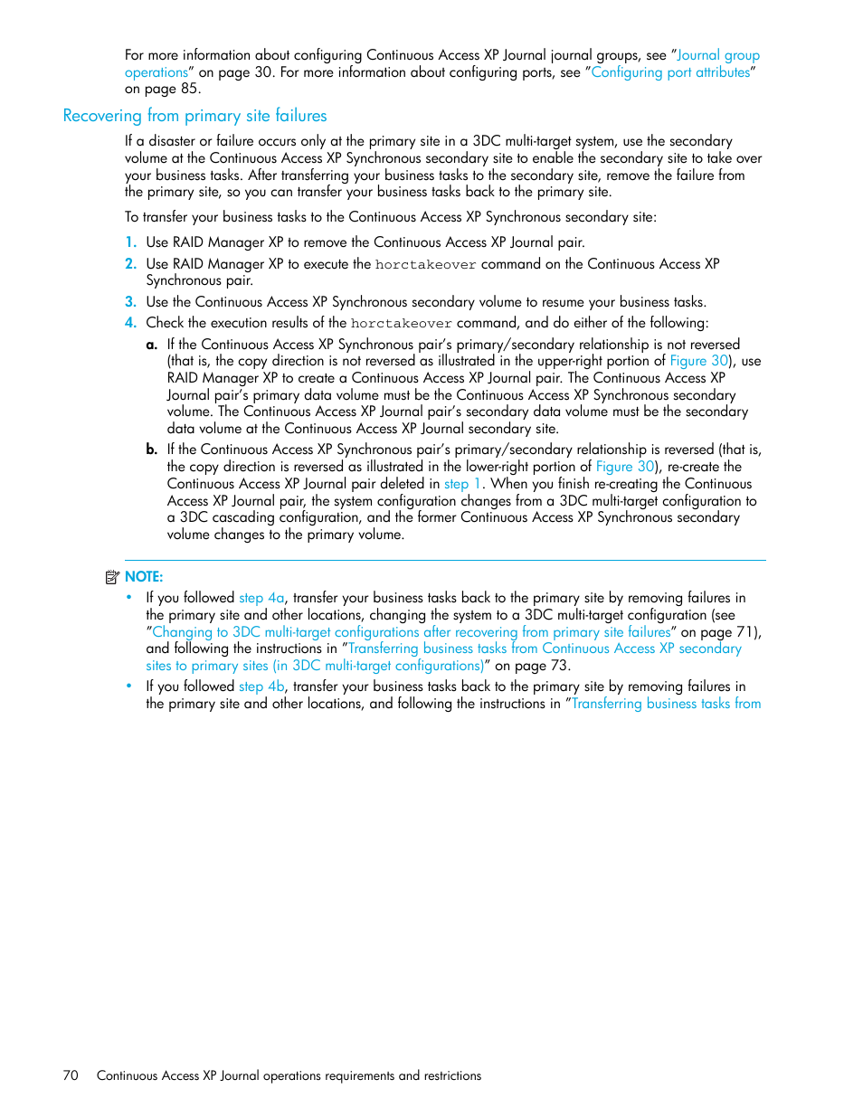 Recovering from primary site failures, Recovering from, Primary site failures | HP StorageWorks XP Remote Web Console Software User Manual | Page 70 / 200