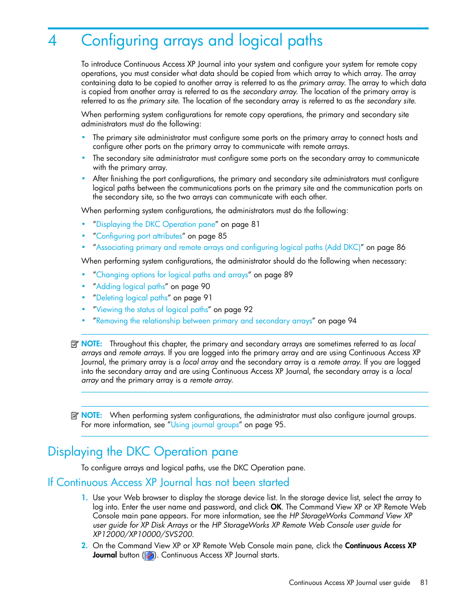 4 configuring arrays and logical paths, Displaying the dkc operation pane, 4configuring arrays and logical paths | HP StorageWorks XP Remote Web Console Software User Manual | Page 81 / 200