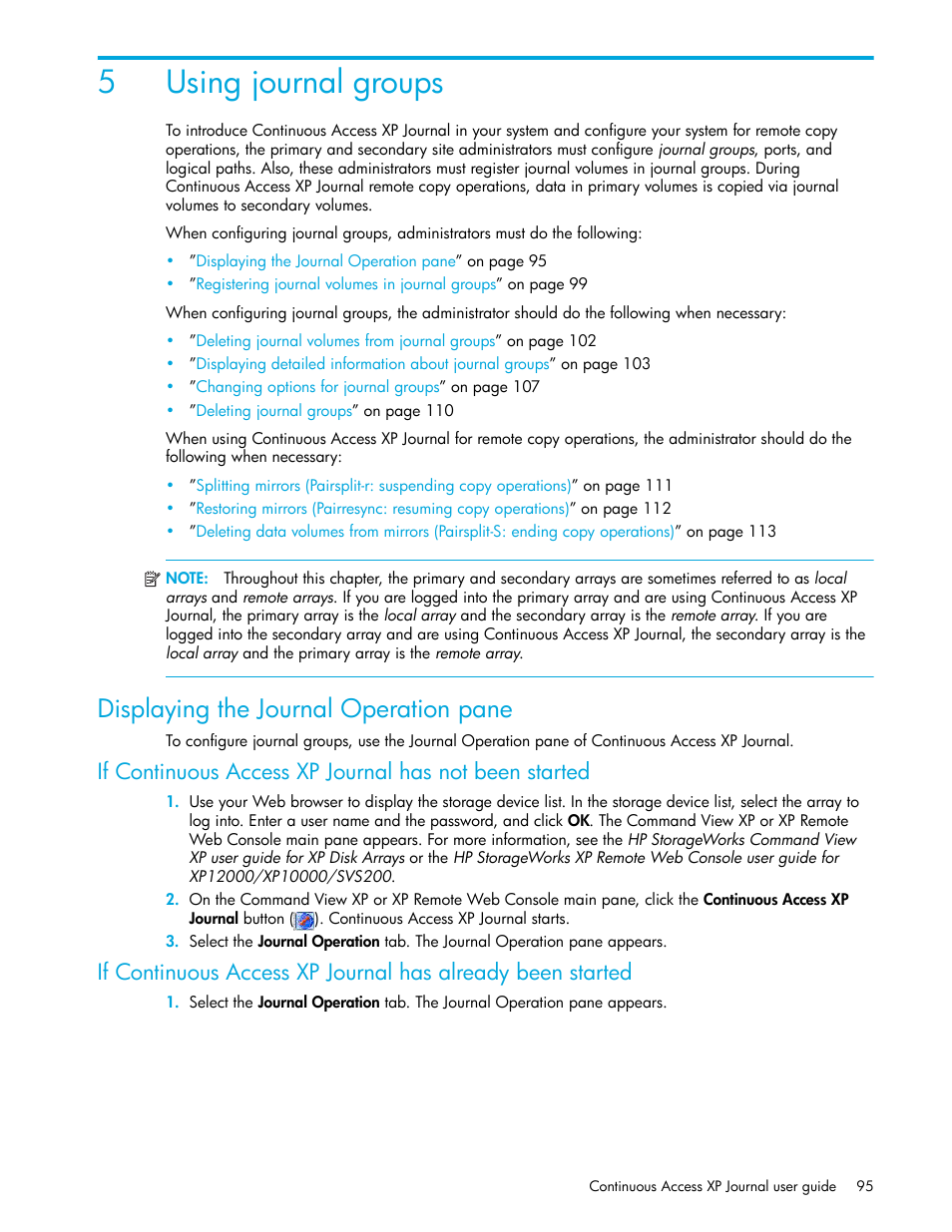 5 using journal groups, Displaying the journal operation pane, Using journal groups | 5using journal groups | HP StorageWorks XP Remote Web Console Software User Manual | Page 95 / 200