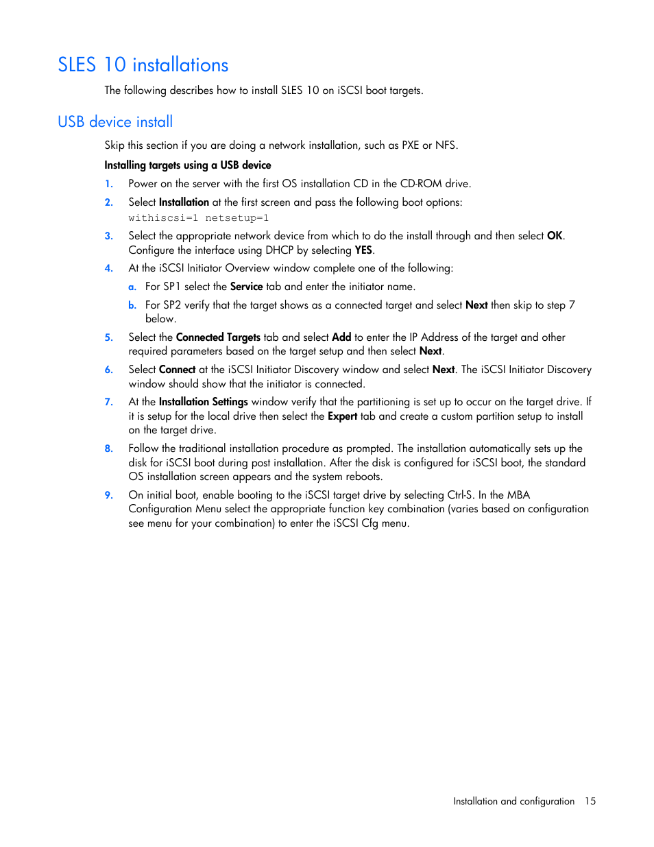 Sles 10 installations, Usb device install | HP SmartStart-Software User Manual | Page 15 / 29