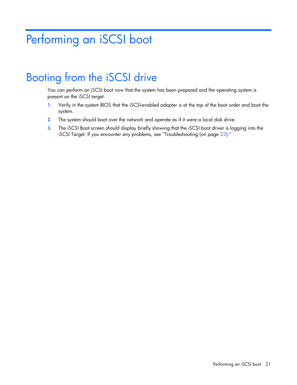 Performing an iscsi boot, Booting from the iscsi drive | HP SmartStart-Software User Manual | Page 21 / 29