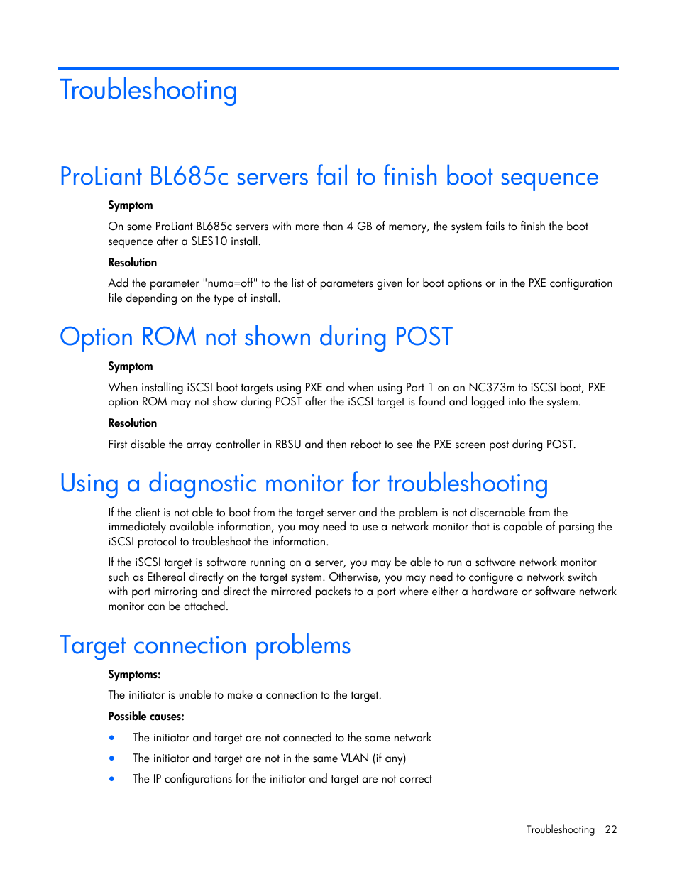 Troubleshooting, Option rom not shown during post, Using a diagnostic monitor for troubleshooting | Target connection problems | HP SmartStart-Software User Manual | Page 22 / 29