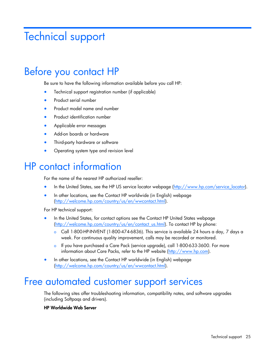 Technical support, Before you contact hp, Hp contact information | Free automated customer support services | HP SmartStart-Software User Manual | Page 25 / 29