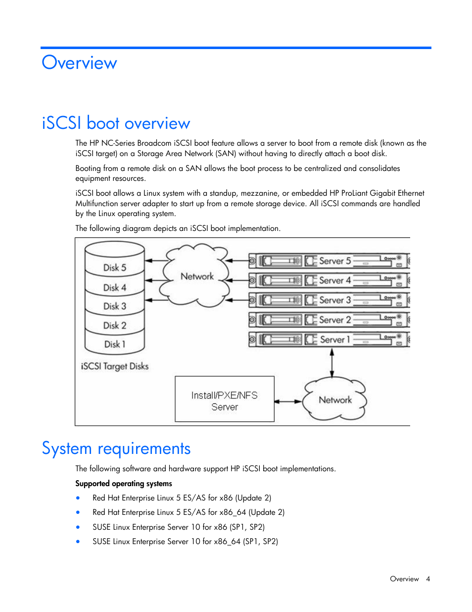 Overview, Iscsi boot overview, System requirements | HP SmartStart-Software User Manual | Page 4 / 29