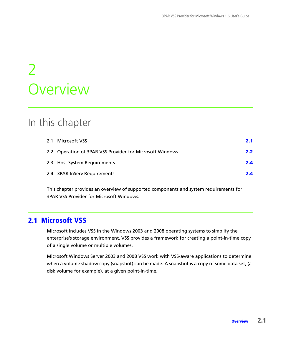 Overview, 1 microsoft vss, Microsoft vss | Chapter 2, overview, 2 overview | HP 3PAR VSS Provider Software User Manual | Page 11 / 56