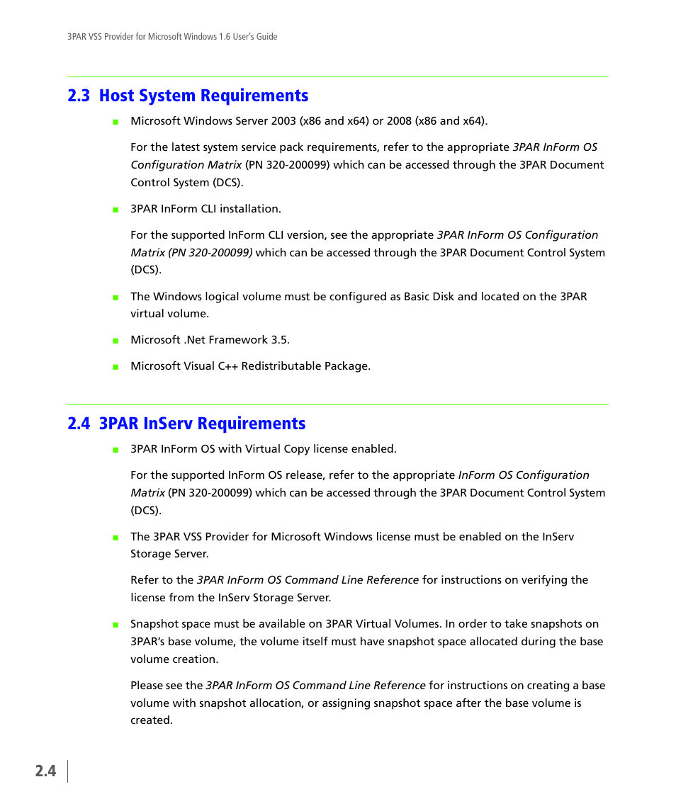 3 host system requirements, 4 3par inserv requirements, Host system requirements | 3par inserv requirements | HP 3PAR VSS Provider Software User Manual | Page 14 / 56