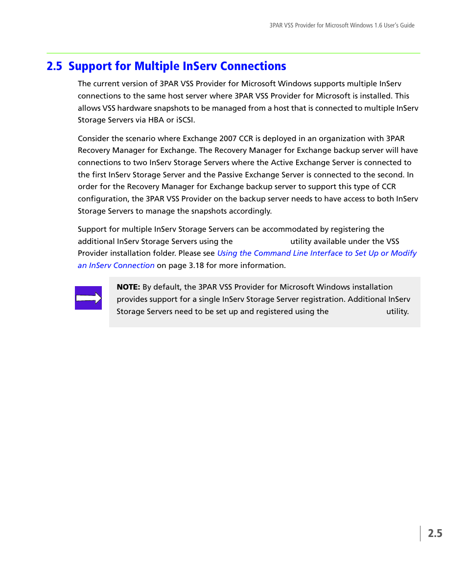 5 support for multiple inserv connections, Support for multiple inserv connections | HP 3PAR VSS Provider Software User Manual | Page 15 / 56