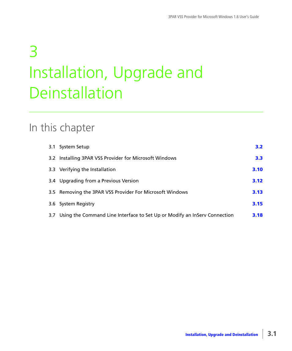 Installation, upgrade and deinstallation, 3 installation, upgrade and deinstallation | HP 3PAR VSS Provider Software User Manual | Page 17 / 56