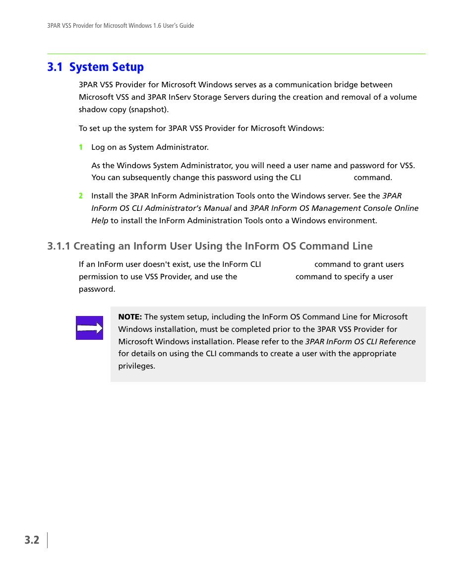 1 system setup, System setup | HP 3PAR VSS Provider Software User Manual | Page 18 / 56