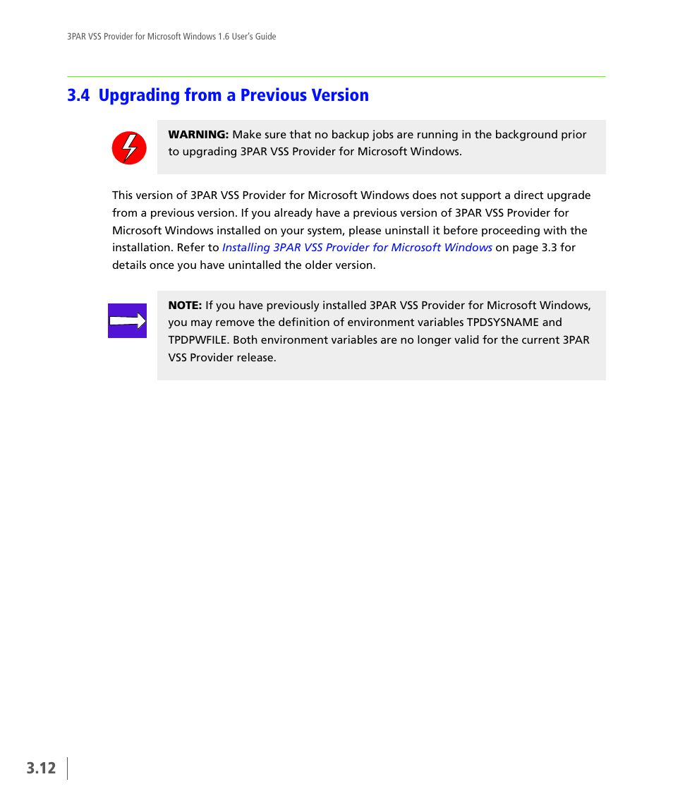 4 upgrading from a previous version, Upgrading from a previous version | HP 3PAR VSS Provider Software User Manual | Page 28 / 56