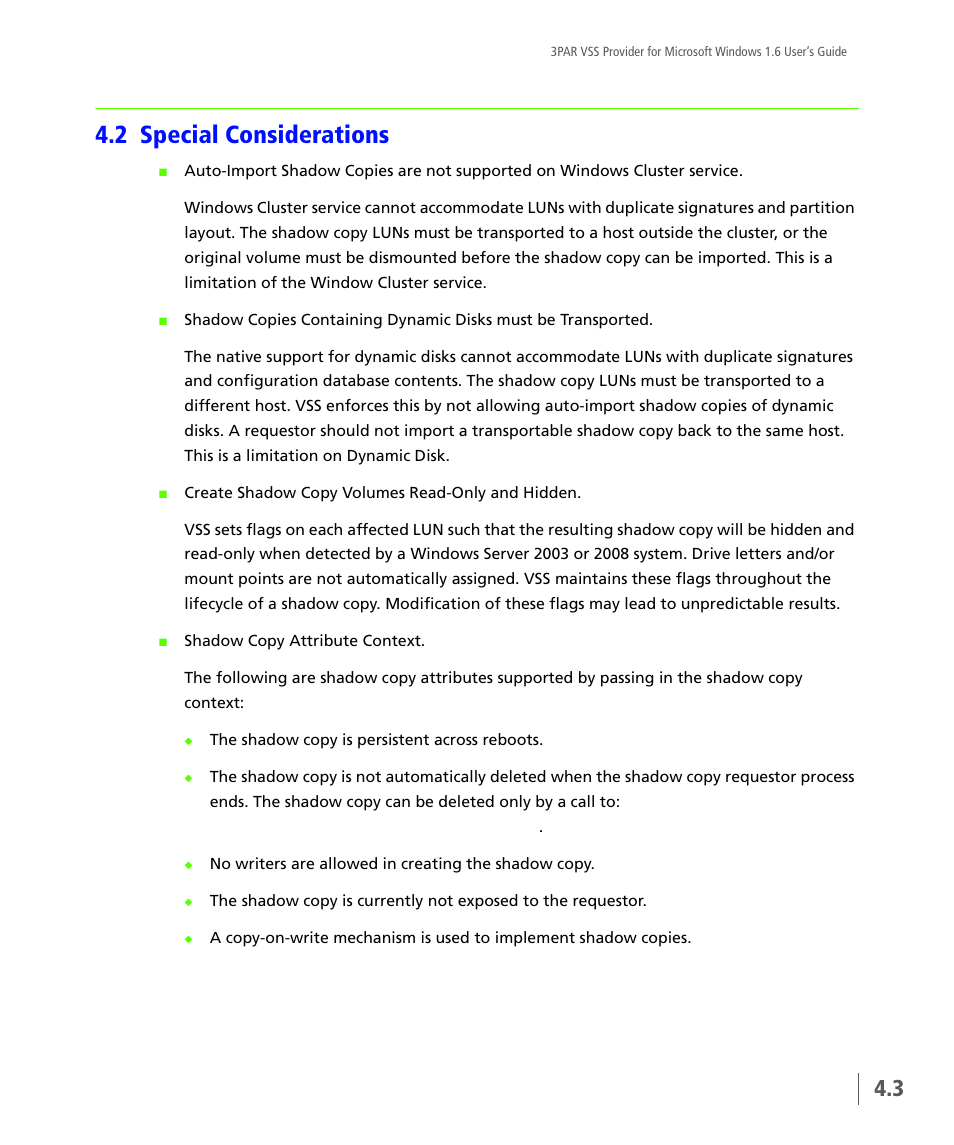 2 special considerations, Special considerations | HP 3PAR VSS Provider Software User Manual | Page 41 / 56