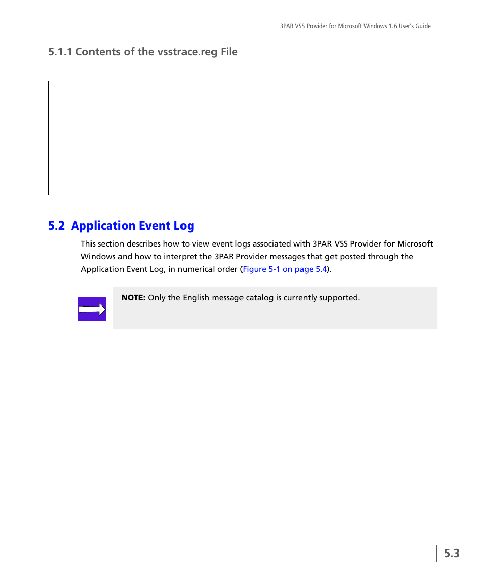 1 contents of the vsstrace.reg file, 2 application event log, Contents of the vsstrace.reg file | Application event log | HP 3PAR VSS Provider Software User Manual | Page 45 / 56