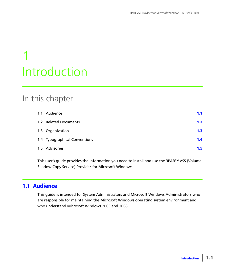 Introduction, 1 audience, Audience | 1 introduction | HP 3PAR VSS Provider Software User Manual | Page 5 / 56