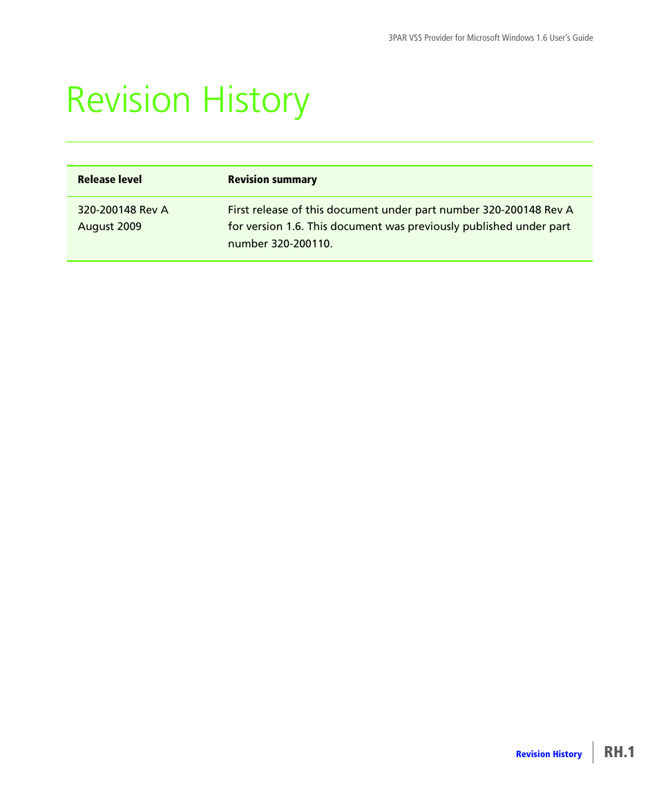 Revision history, Rh.1 | HP 3PAR VSS Provider Software User Manual | Page 55 / 56