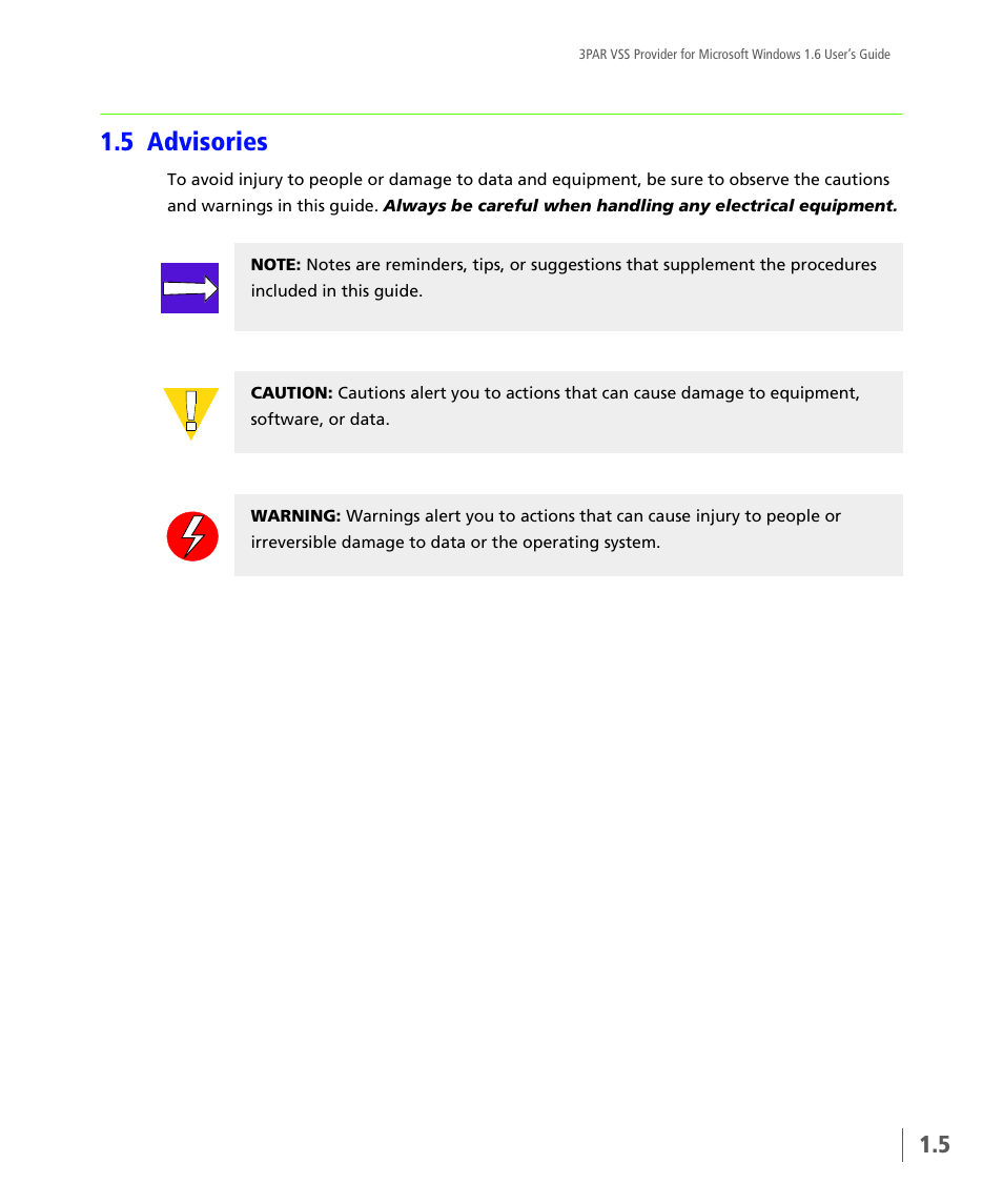 5 advisories, Advisories | HP 3PAR VSS Provider Software User Manual | Page 9 / 56