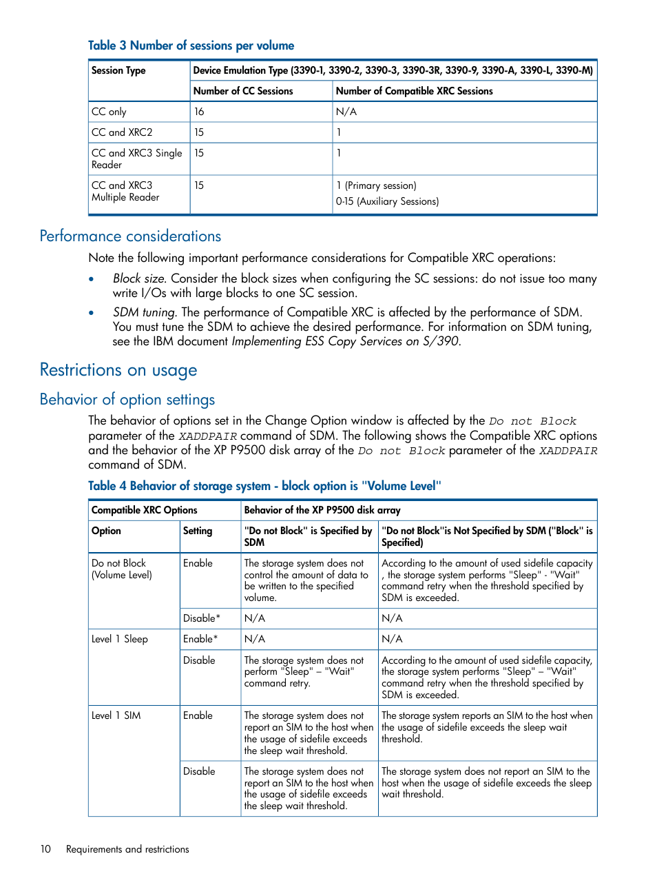 Performance considerations, Restrictions on usage, Behavior of option settings | HP XP P9500 Storage User Manual | Page 10 / 34