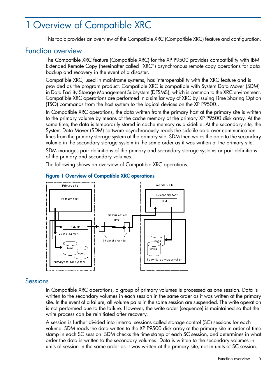 1 overview of compatible xrc, Function overview, Sessions | HP XP P9500 Storage User Manual | Page 5 / 34