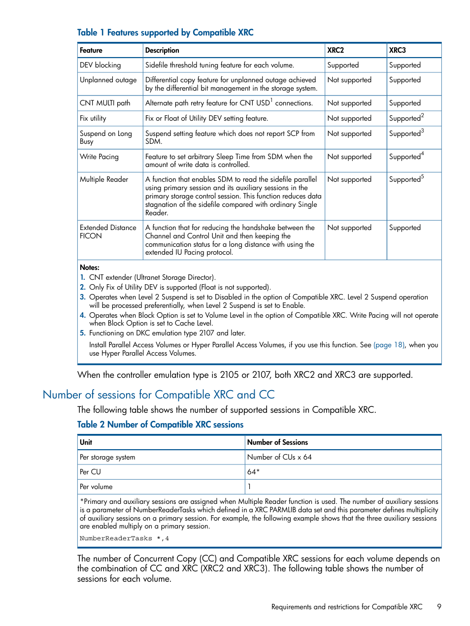 Number of sessions for compatible xrc and cc | HP XP P9500 Storage User Manual | Page 9 / 34