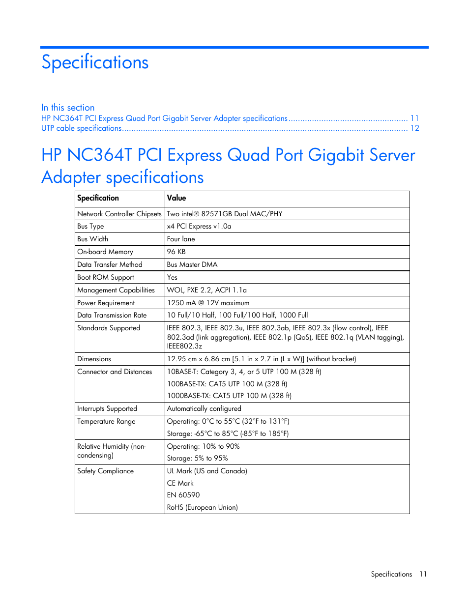 Specifications | HP NC364T PCI Express Quad Port Gigabit Server Adapter User Manual | Page 11 / 20