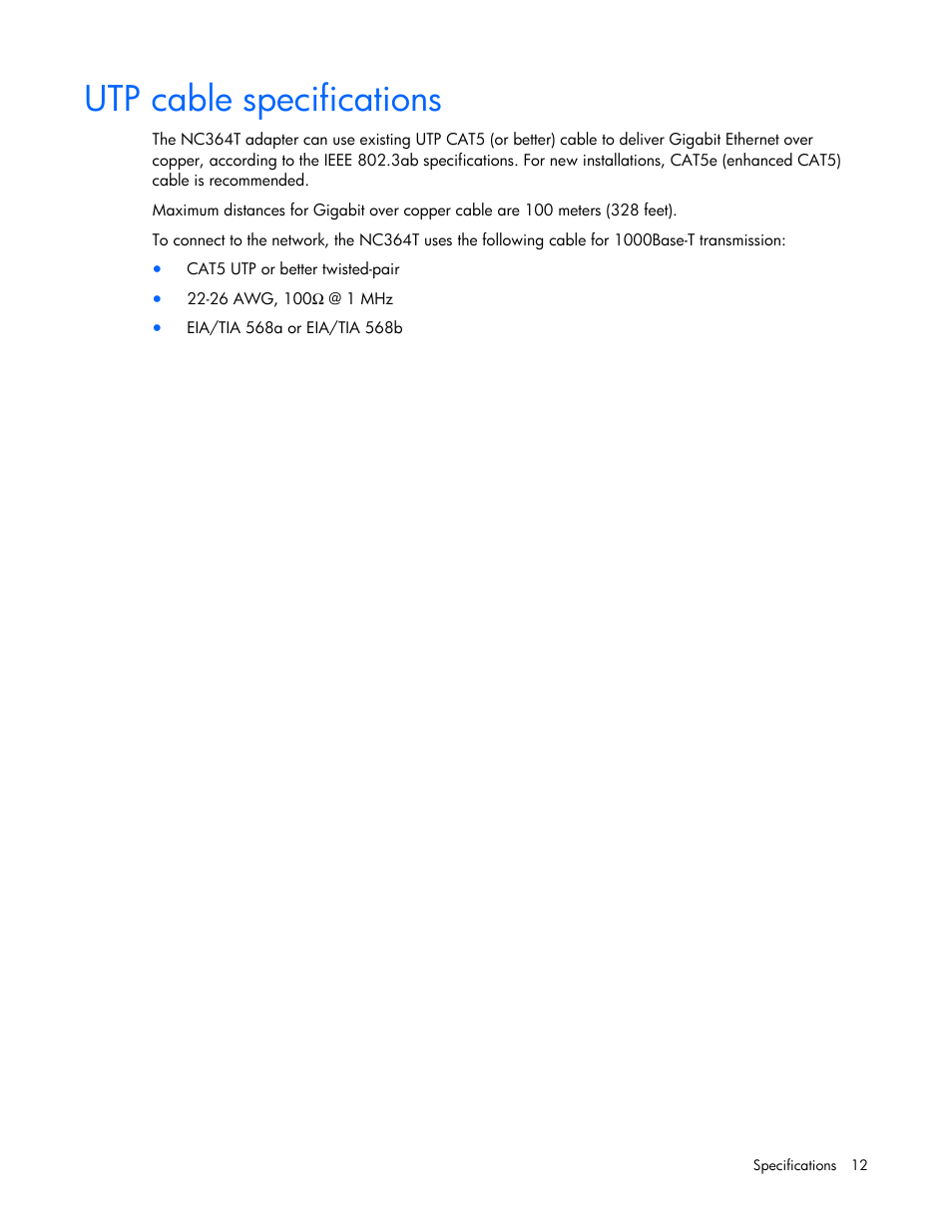 Utp cable specifications | HP NC364T PCI Express Quad Port Gigabit Server Adapter User Manual | Page 12 / 20