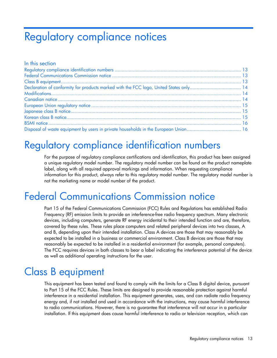 Regulatory compliance notices, Regulatory compliance identification numbers, Federal communications commission notice | Class b equipment | HP NC364T PCI Express Quad Port Gigabit Server Adapter User Manual | Page 13 / 20