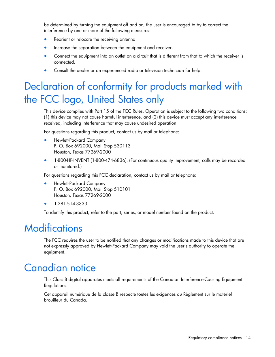 Modifications, Canadian notice | HP NC364T PCI Express Quad Port Gigabit Server Adapter User Manual | Page 14 / 20