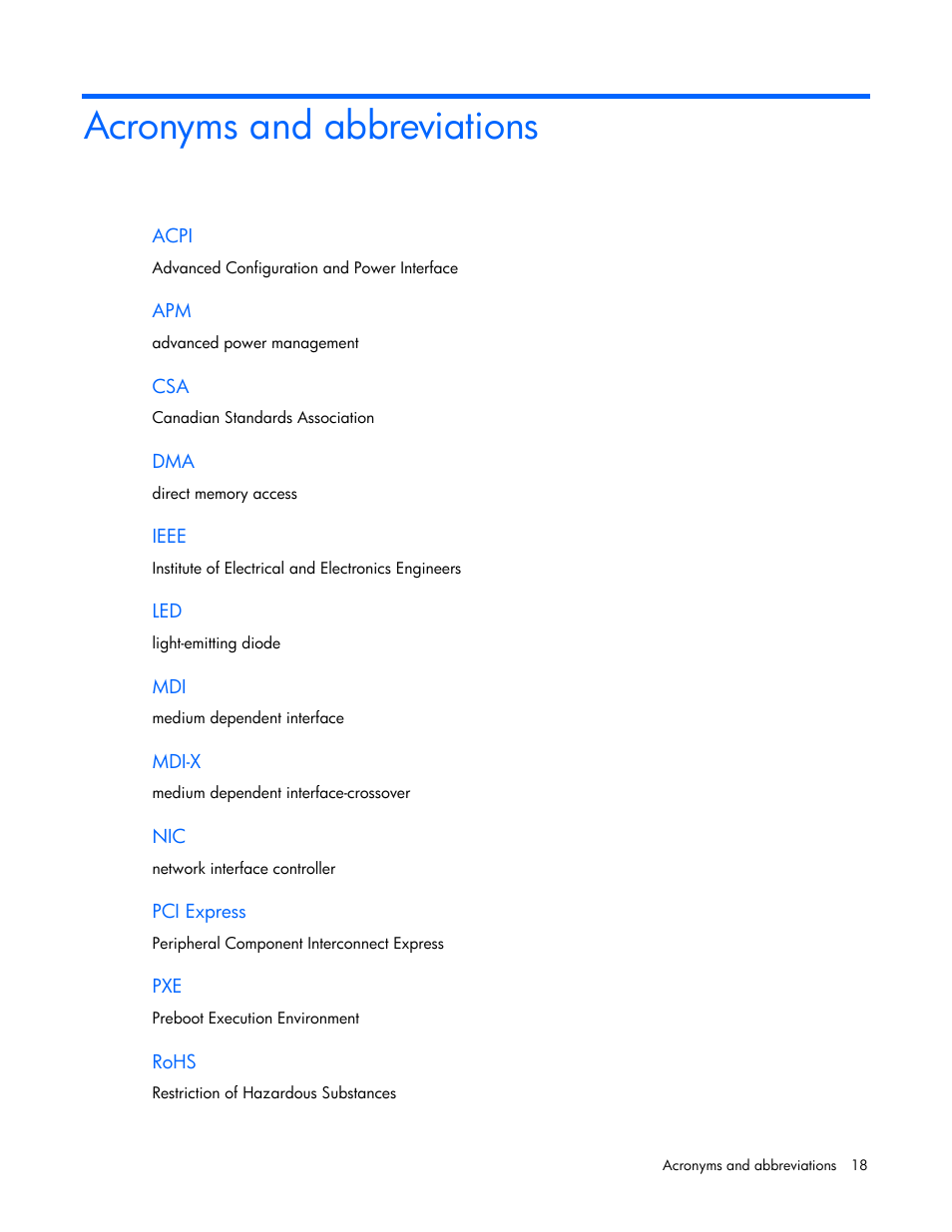 Acronyms and abbreviations | HP NC364T PCI Express Quad Port Gigabit Server Adapter User Manual | Page 18 / 20