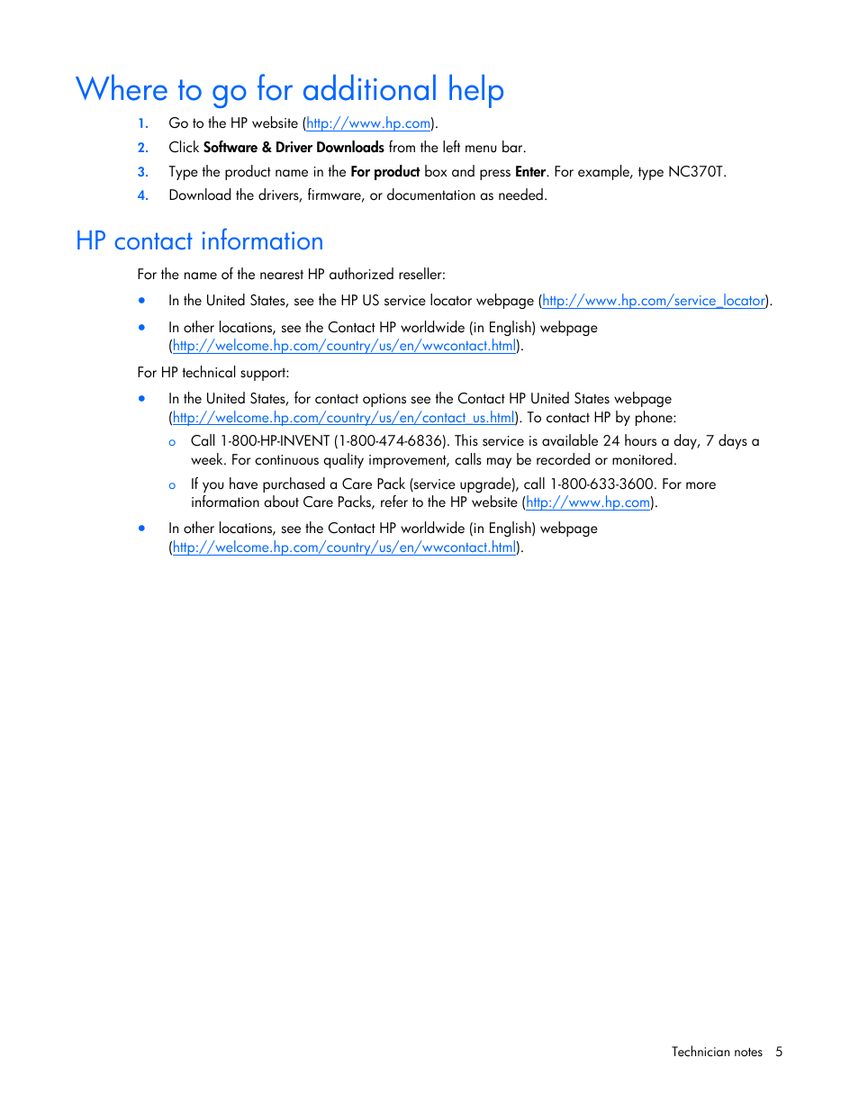 Where to go for additional help, Hp contact information | HP NC364T PCI Express Quad Port Gigabit Server Adapter User Manual | Page 5 / 20