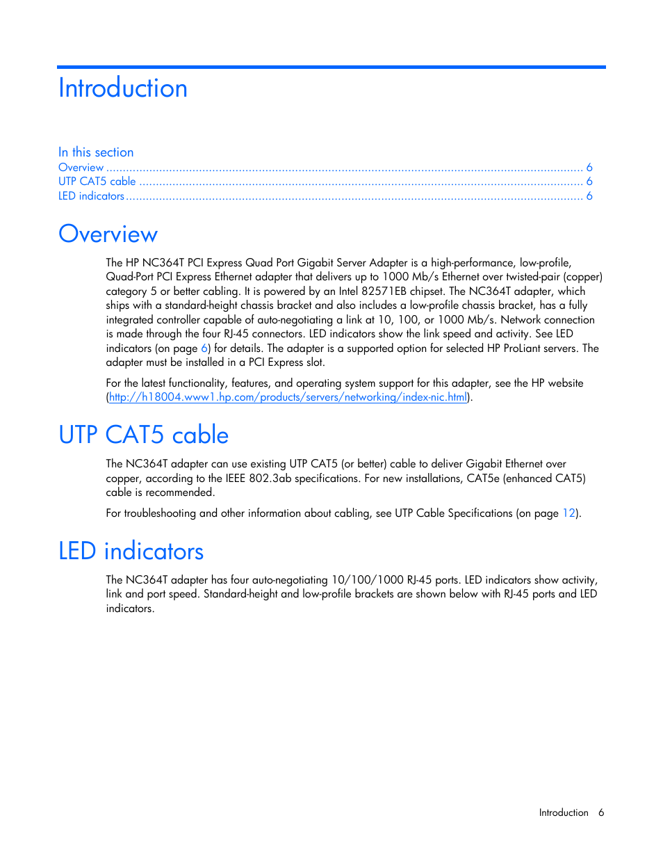 Introduction, Overview, Utp cat5 cable | Led indicators | HP NC364T PCI Express Quad Port Gigabit Server Adapter User Manual | Page 6 / 20